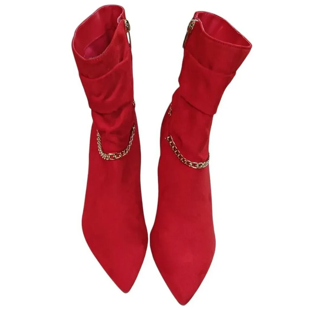 NWOT Marc Fisher 8.5 Red Femme Fatale Suede Ankle Booties Gold Chain Stiletto